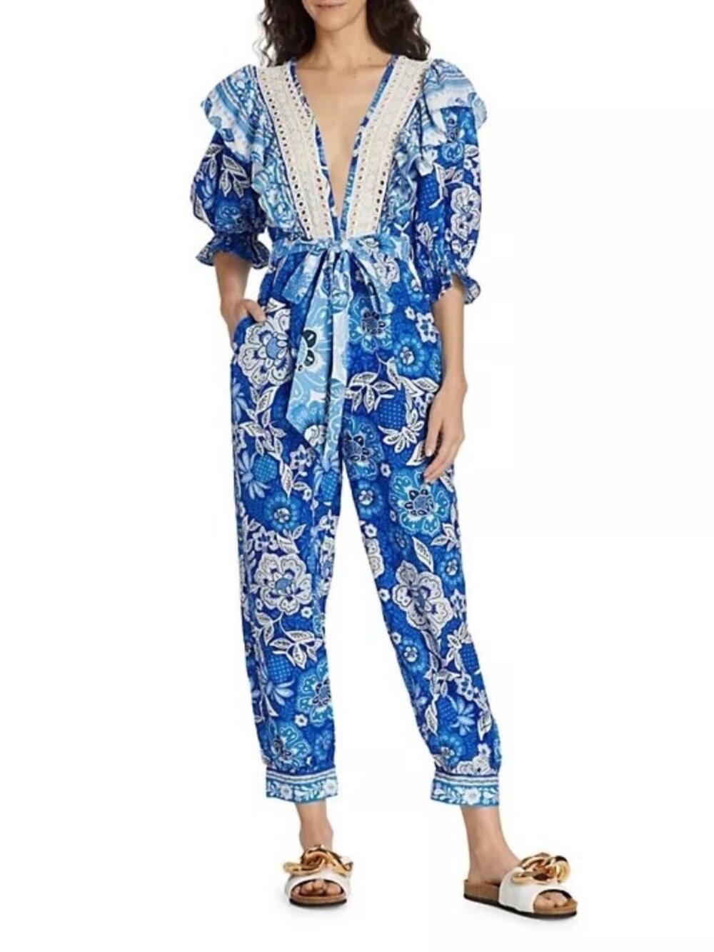 FARM Rio Full of Flowers Jumpsuit in Blue Small Womens Linen Set